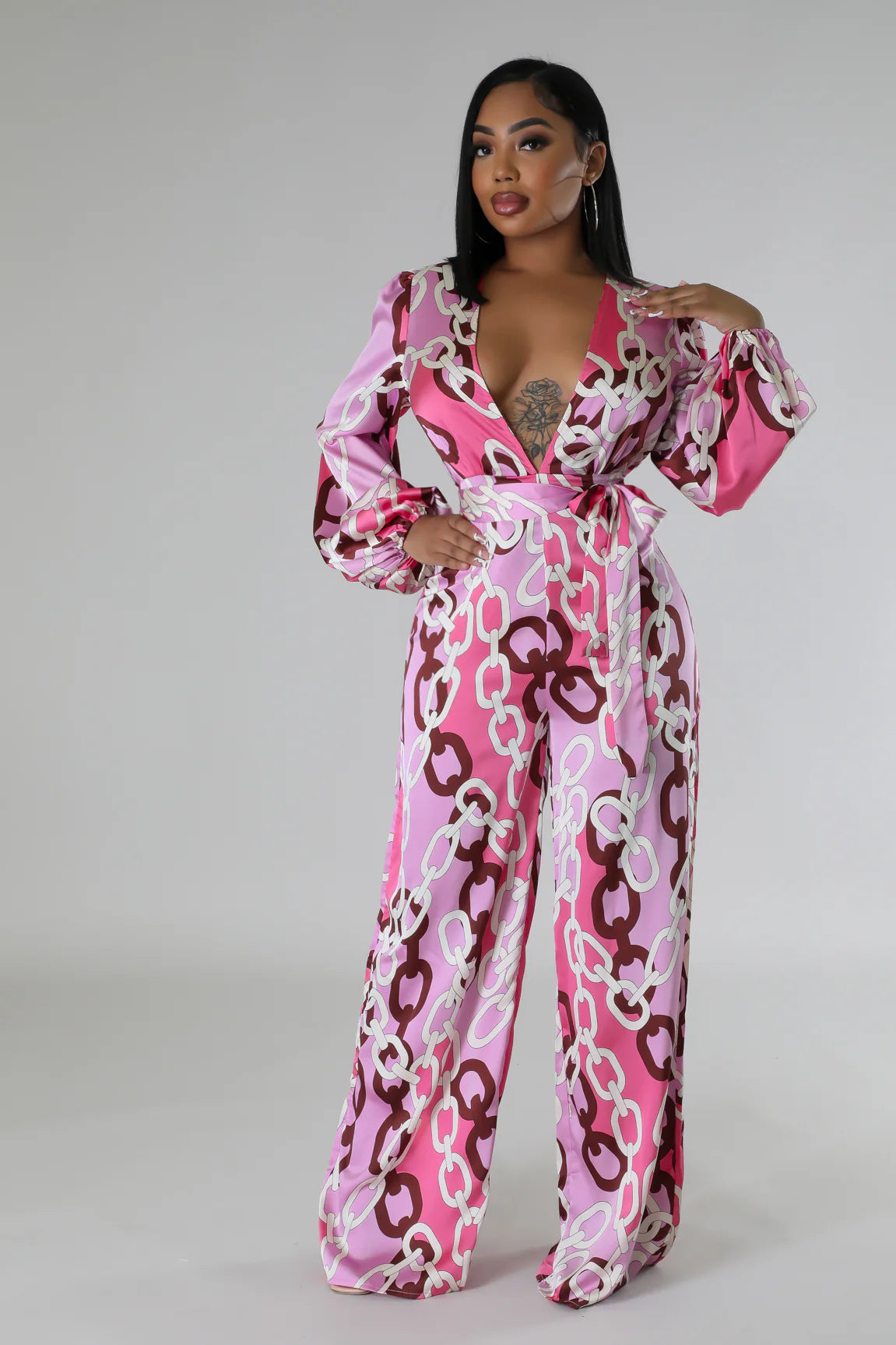 Printed Deep V Plunge Long Sleeve Jumpsuit Women Clothing Casual Set Loose