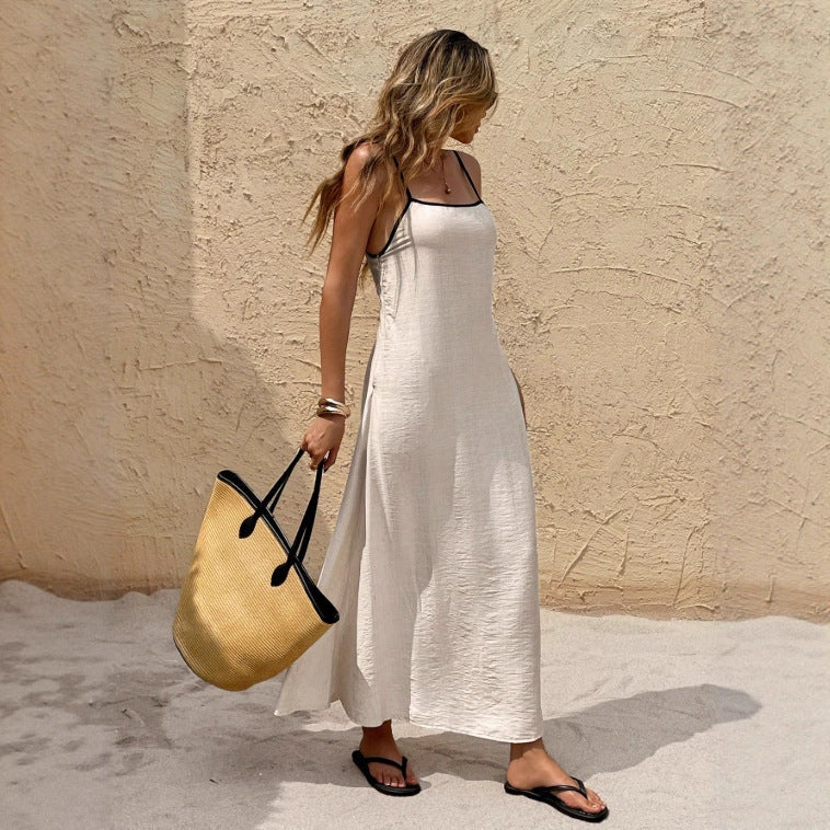 Off-the-shoulder backless solid color suspender strap-up long dress dress