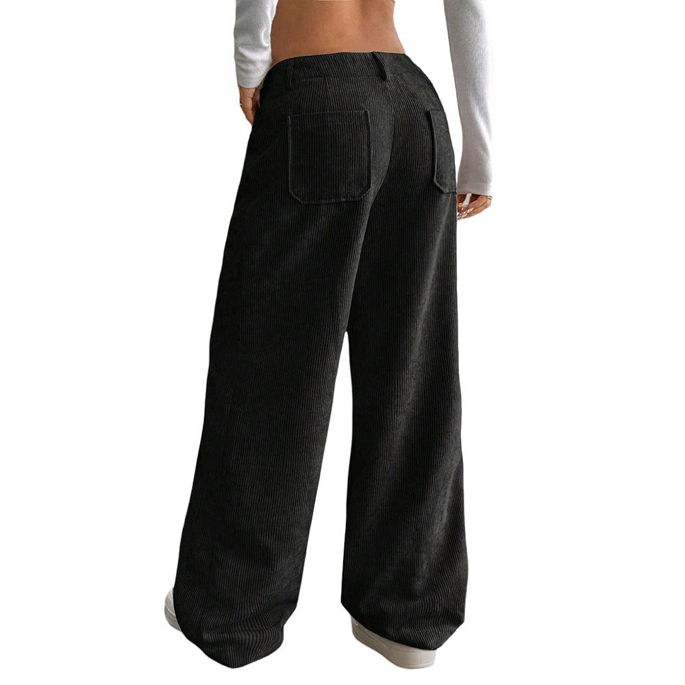 Corduroy Autumn Winter Dark Brown Vertical Stripes High Waist Wide Leg Pants Loose Slimming Casual Pants for Women