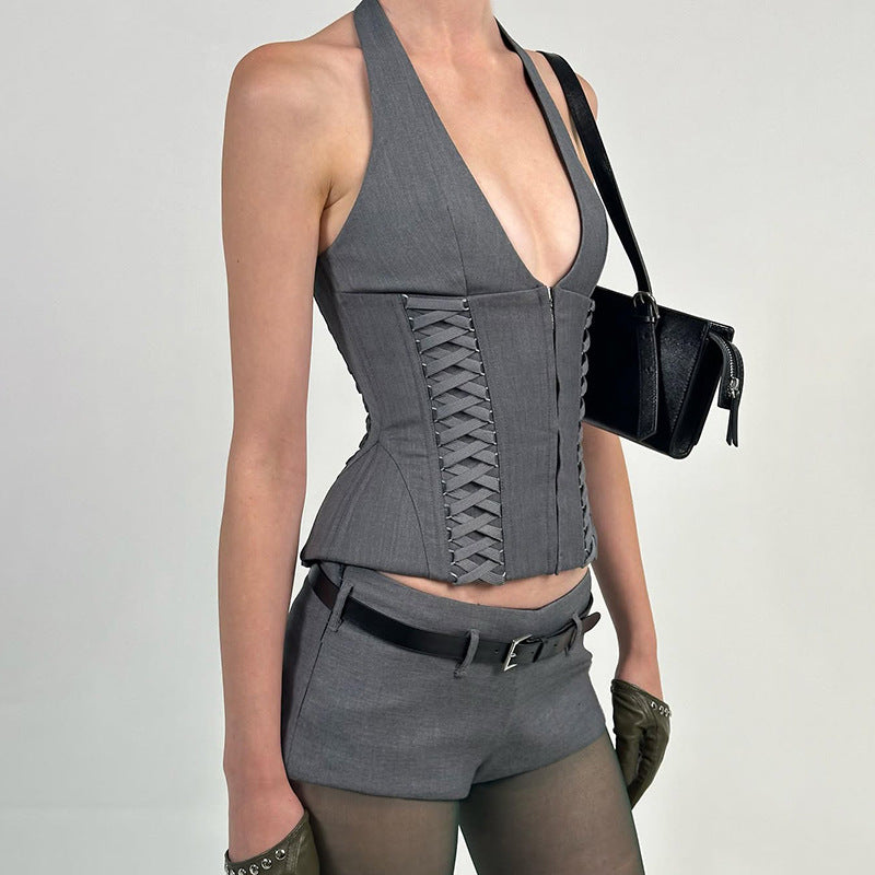Urban Cotton Blend Halter Deep V Plunge Zipper Vest Shorts Set Strap Bra Two Piece Sets