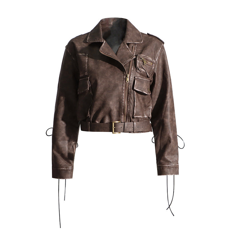 Niche Design Women Short Distressed Washed Leather Coat Asymmetric Zipper Tooling Coat for Women