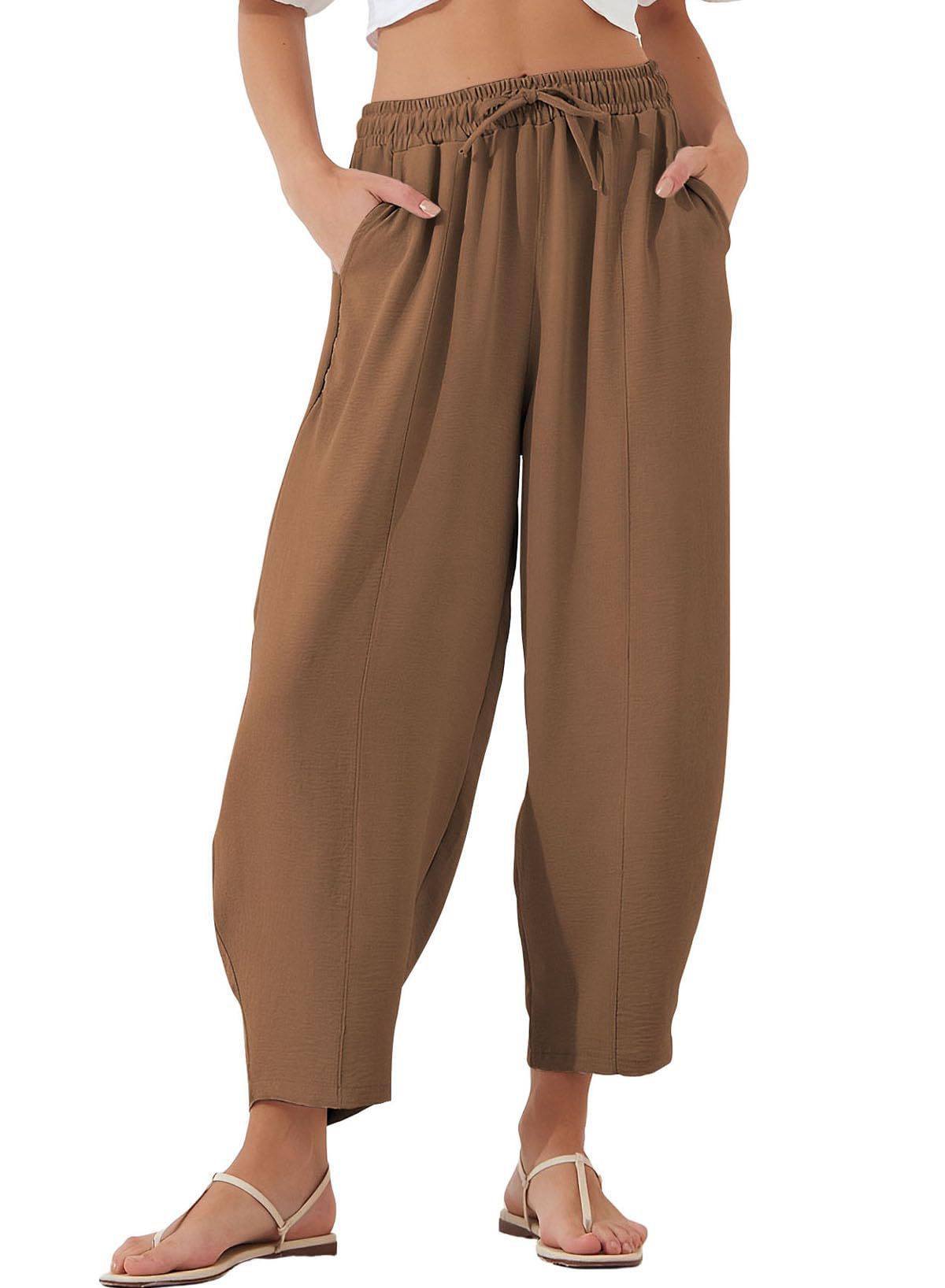 Women Clothing Spring Summer High Waist Loose Vacation Casual Drawstring Pocket Cropped Pants