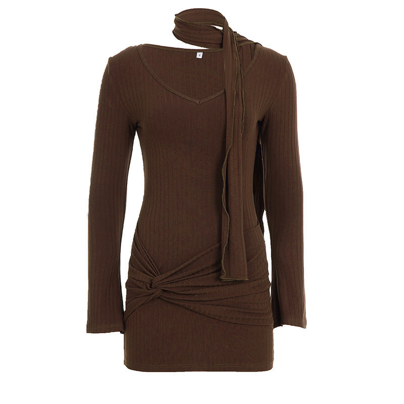 Scarf Knitted V neck Sexy Sheath Dress Sexy Long Sleeve Twisted Dress