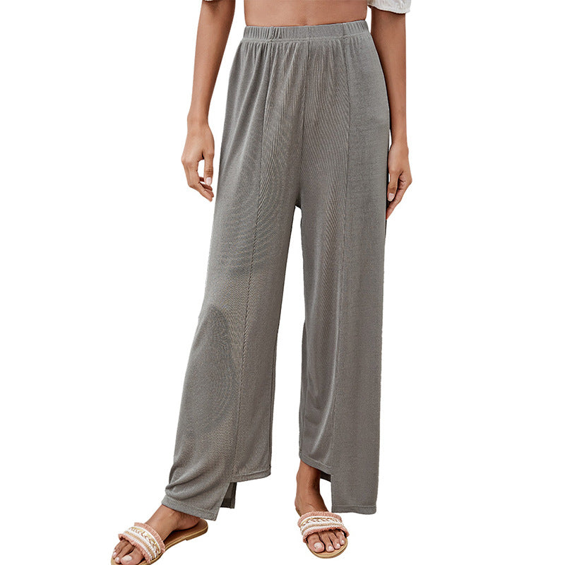 Summer Irregular Asymmetric Casual Trousers Solid Color Loose Simple Wide Leg Pants Elastic Waist Straight Width Cuffless Pants