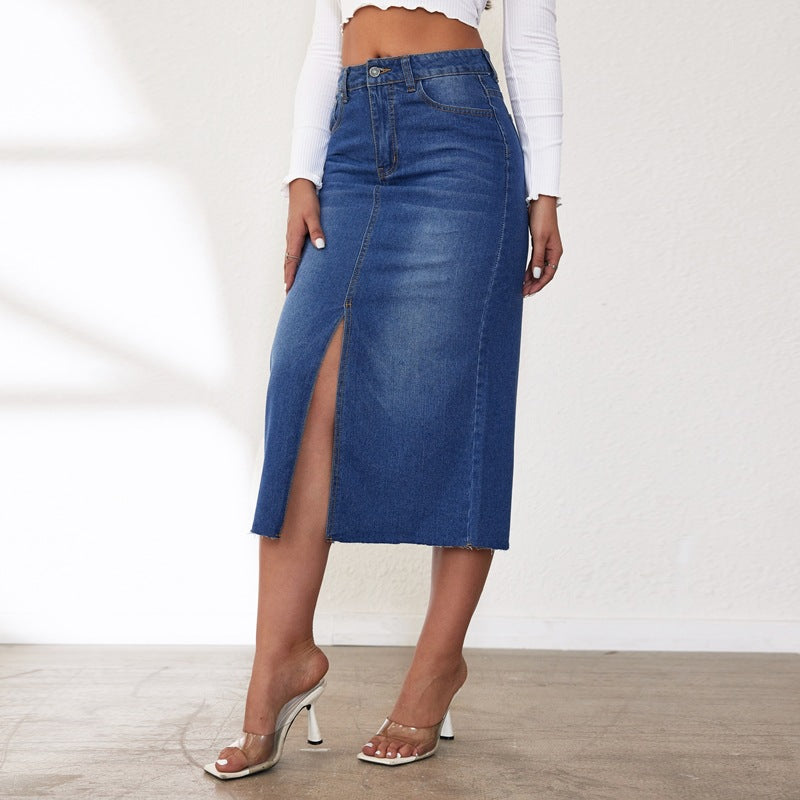 Retro Stretch Free Denim Skirt Women Mid Length Split Skirt