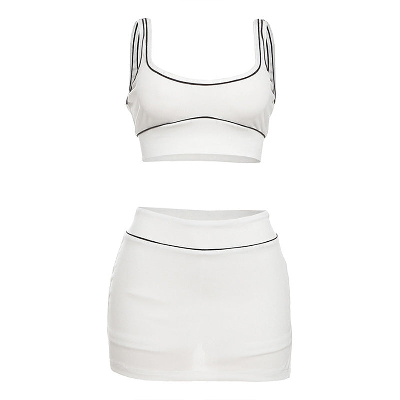Spring Summer Women Sexy Cropped Tank Top Hip Skirt Sports Casual Two Piece Sets