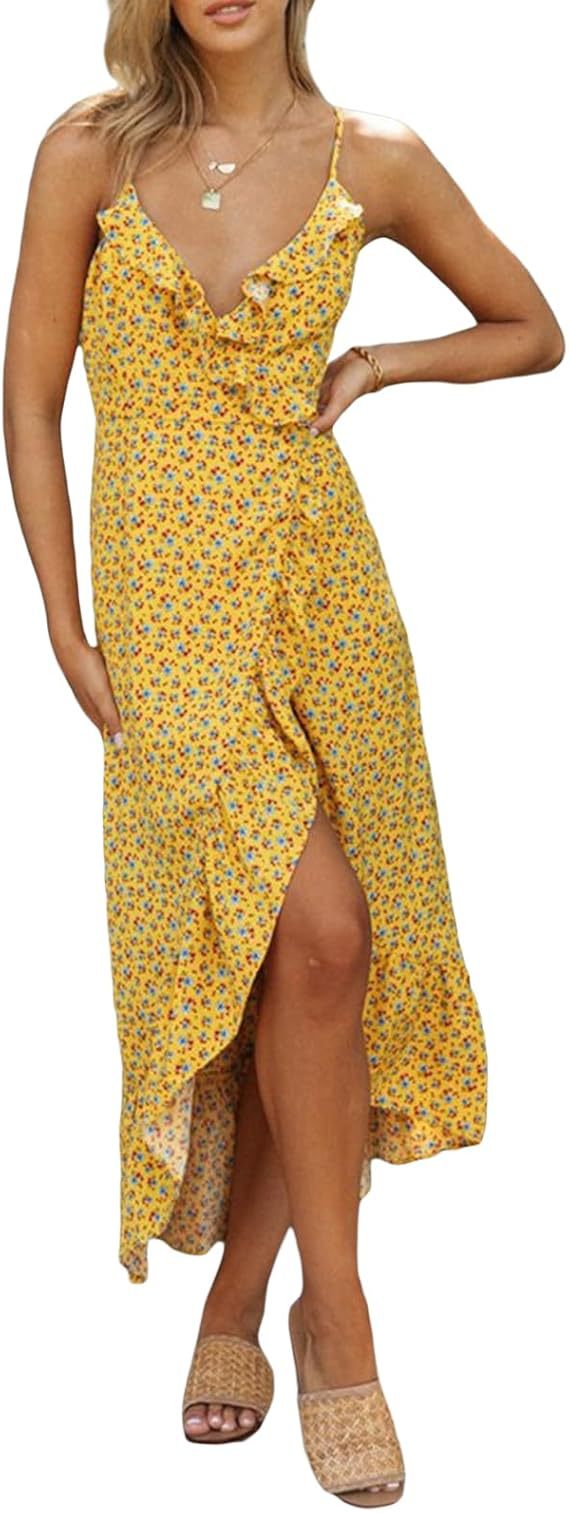 Sexy Floral Print Suspender Skirt Dress - Women's V-Neck Ruffled Reformation