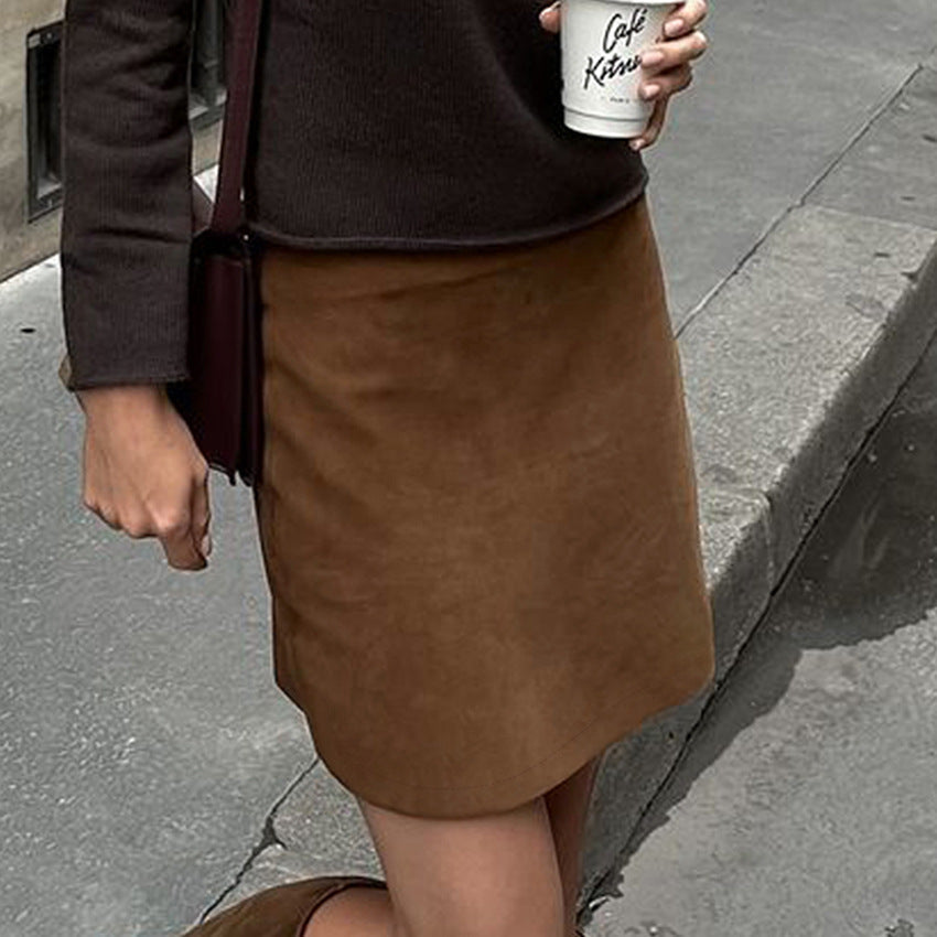 Autumn Winter Retro Brown Knitted Suede Fabric High Waist Slim Fit Slimming Straight Skirt Classic Women