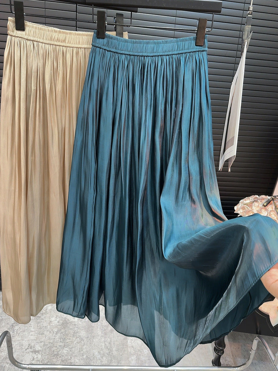 High Grade Glossy Pearlescent Chiffon Pleated Skirt Retro Fashionable Pleated Drooping Slimming High Waist A line Skirt