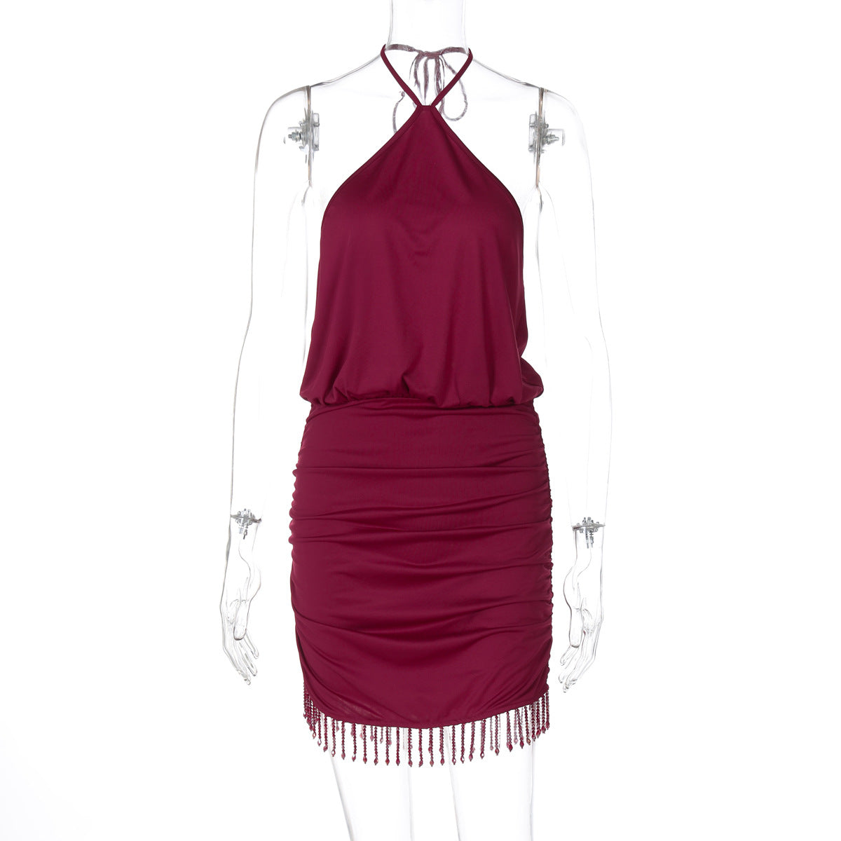 Women Clothing Autumn Lace Halter Sexy Backless Crystal Tassels Slim Fit Sheath Dress