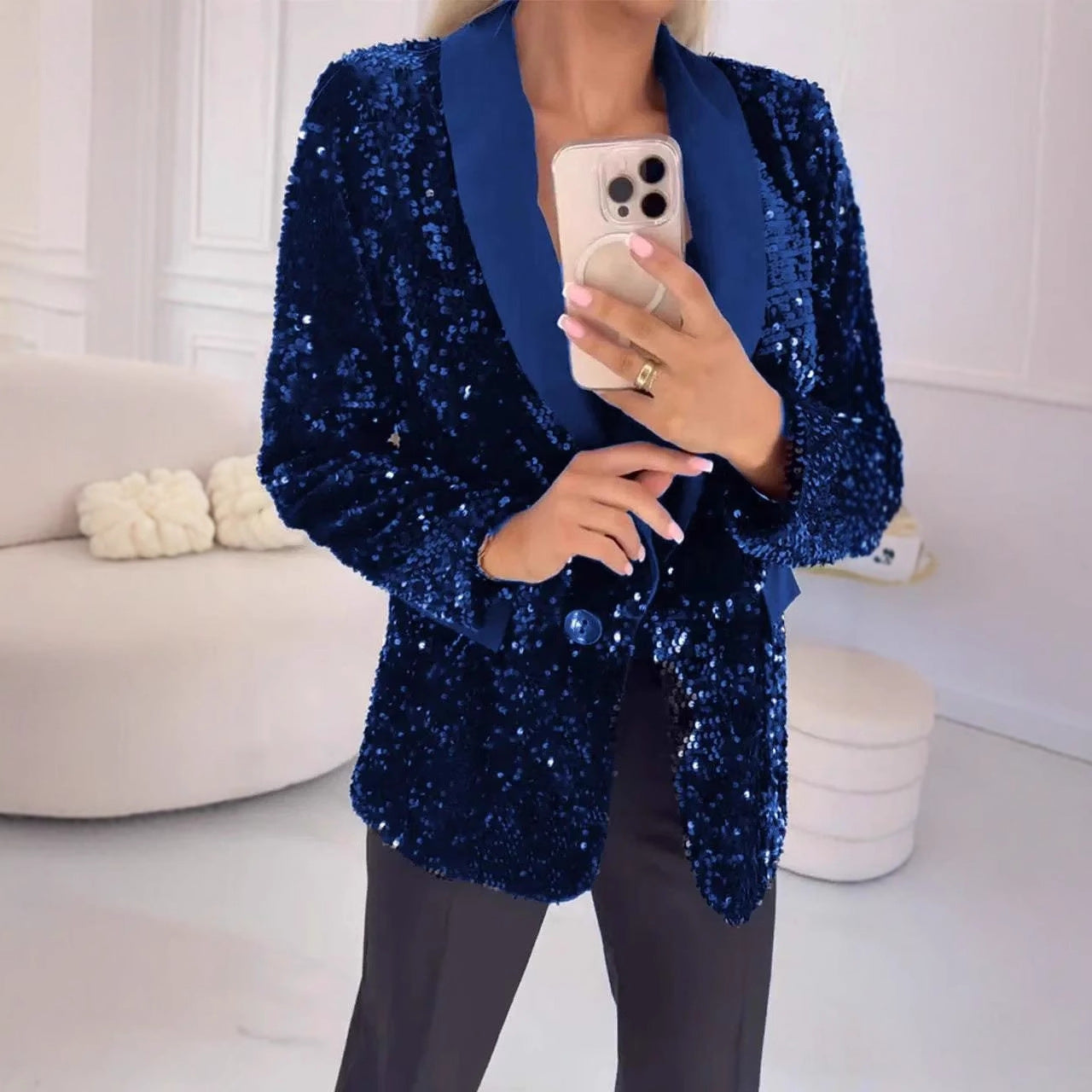 Autumn Winter Casual Fashionable Sequ Collared Blazer