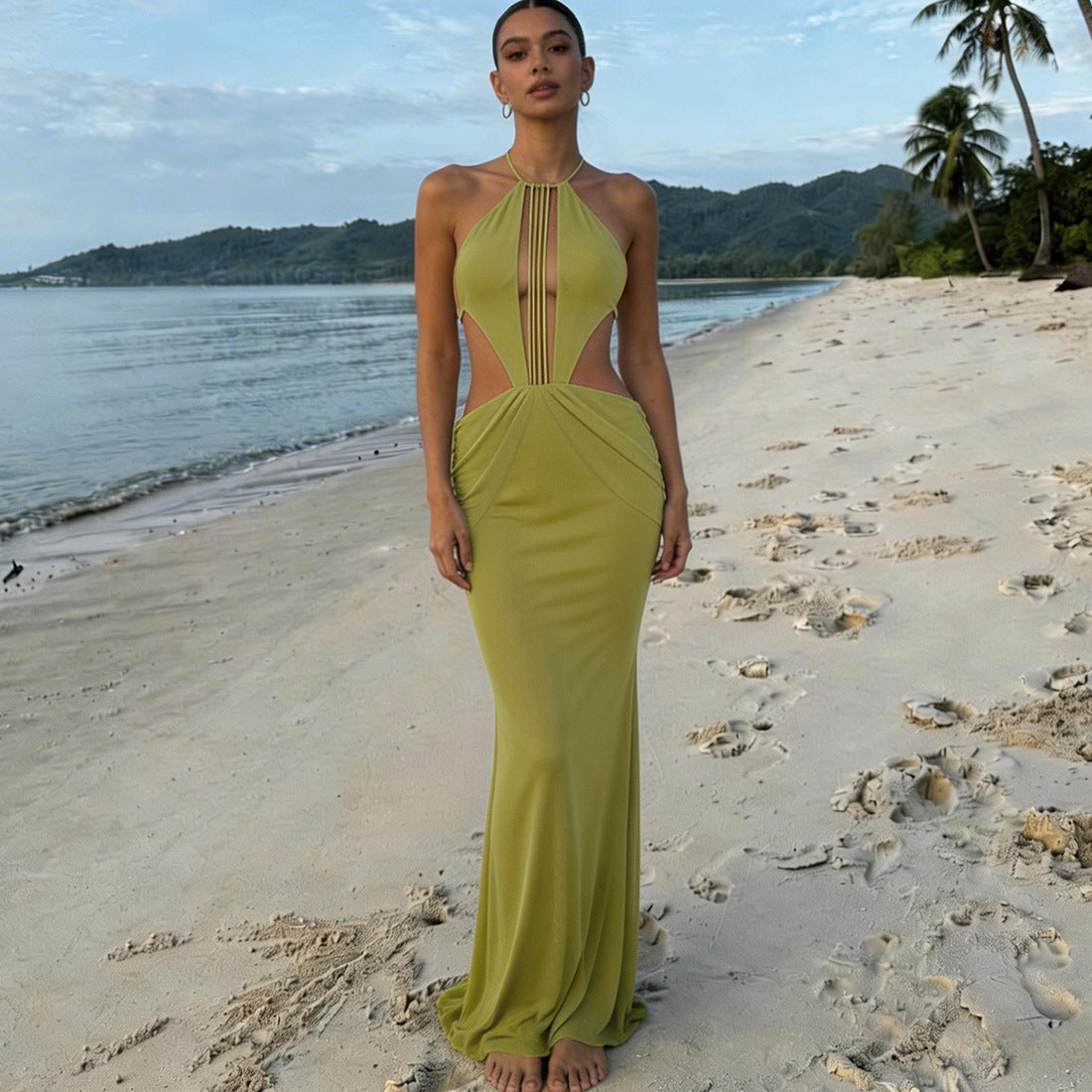 Spring Sexy Backless Halter Solid Color Mesh Dress Women Clothing