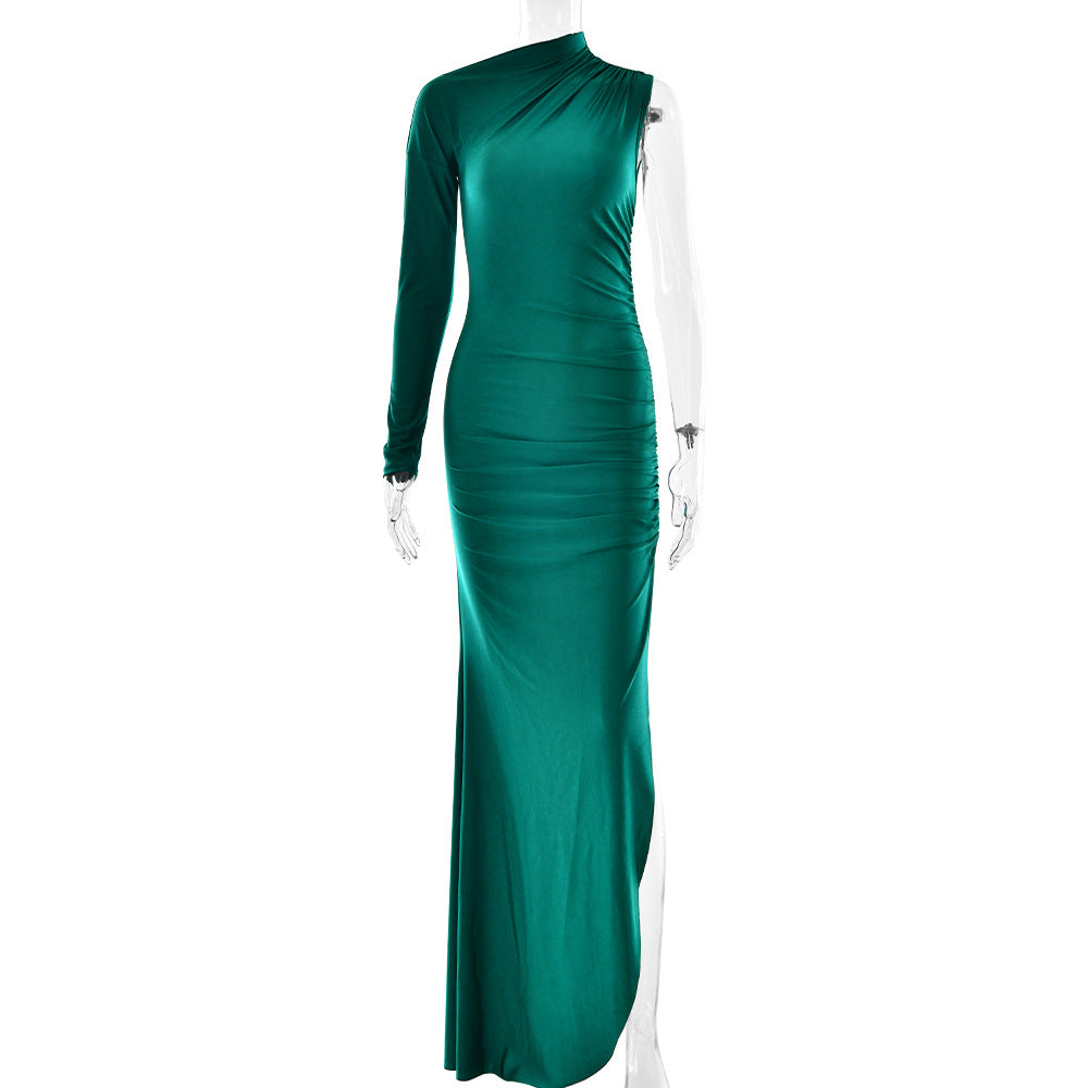 Women Elegant Dress Sexy One Shoulder Sleeves Solid Color Split Slim Dress Long
