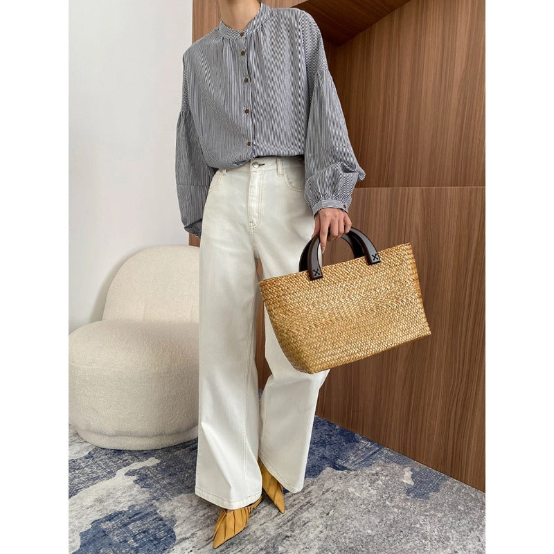 Spring Lazy Elegant Striped Loose Lantern Sleeve Stand Collar Shirt Cotton