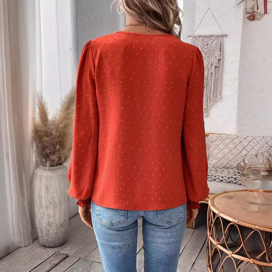 Autumn Winter V neck Lace Solid Color Long Sleeve Casual T Women Top