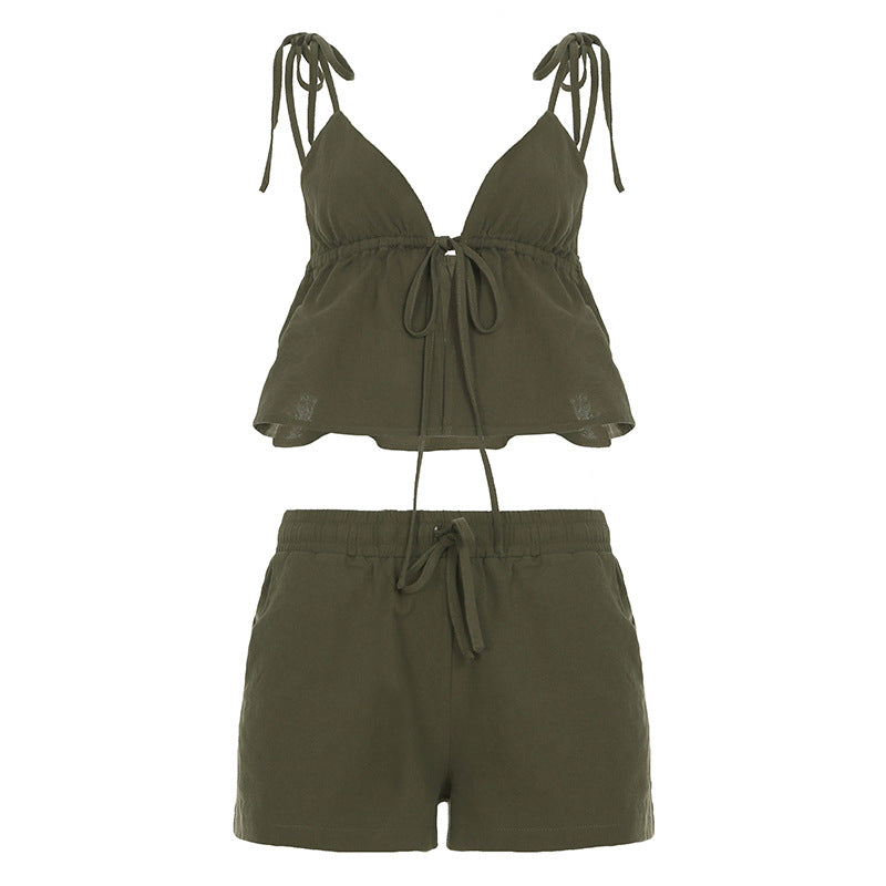 Women Clothing Casual Shorts Two Piece Sling Cotton Linen Texture Lace up Solid Color Loose Vacation Set