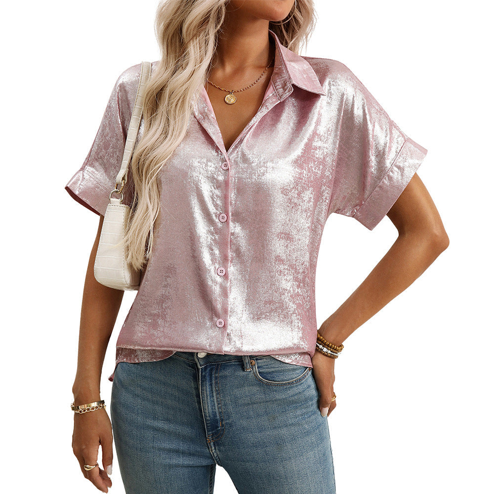 Summer Casual Loose Craft Short Sleeve Collared Metallic Shirt