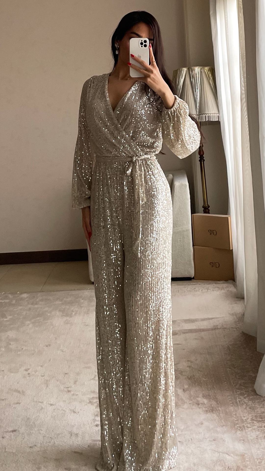 Solid Color V neck Long Sleeve Shiny Crystal Sequin Fitted Waist Jumpsuit Autumn