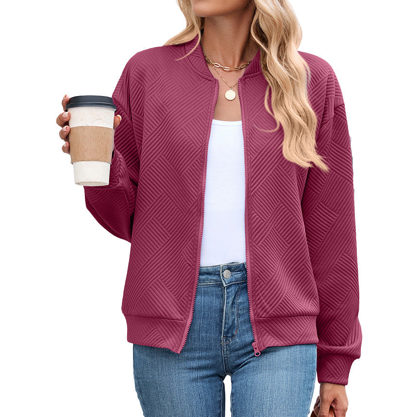 Autumn Winter Solid Color round Neck Loose Zip Long Sleeve Sweatshirt Varsity Jacket