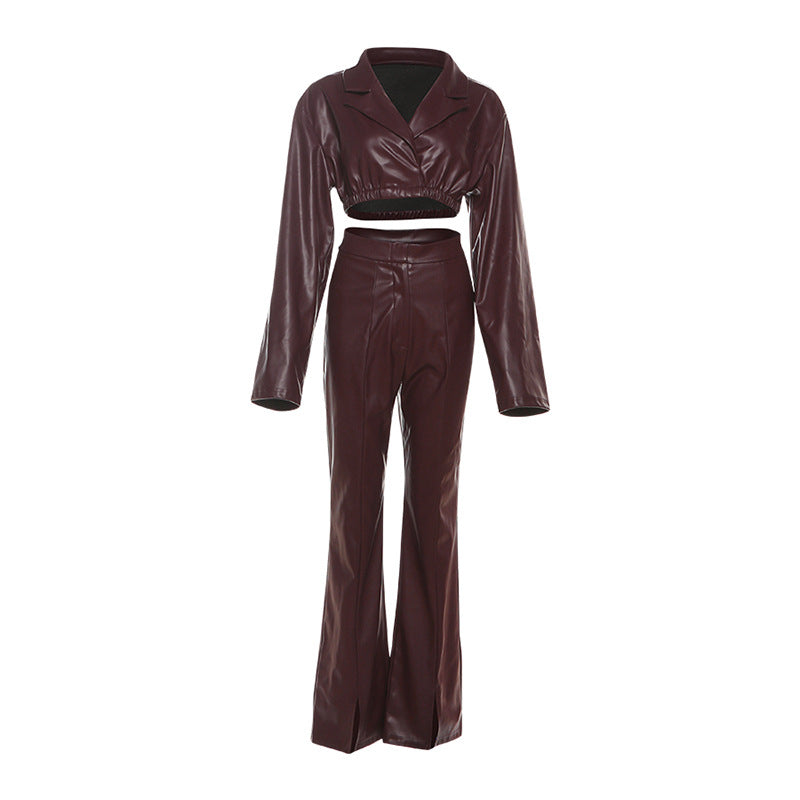 Autumn Winter Women Clothing Sexy Collared Crop Top Short Top High Waist Faux Leather Trousers Two Piece Set