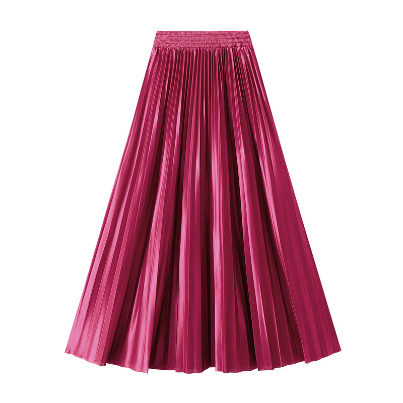Slimming Spring Glossy Glossy High Waist Pleated A line Slimming Long Skirt Women Skirt