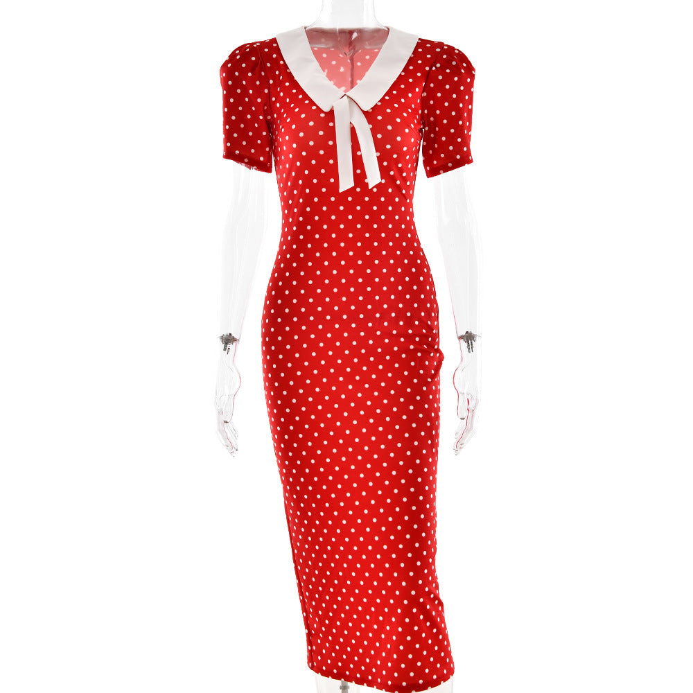 Elegant Lady Polka Dot Maxi Dress Sexy V neck Half Sleeve Sheath Dress