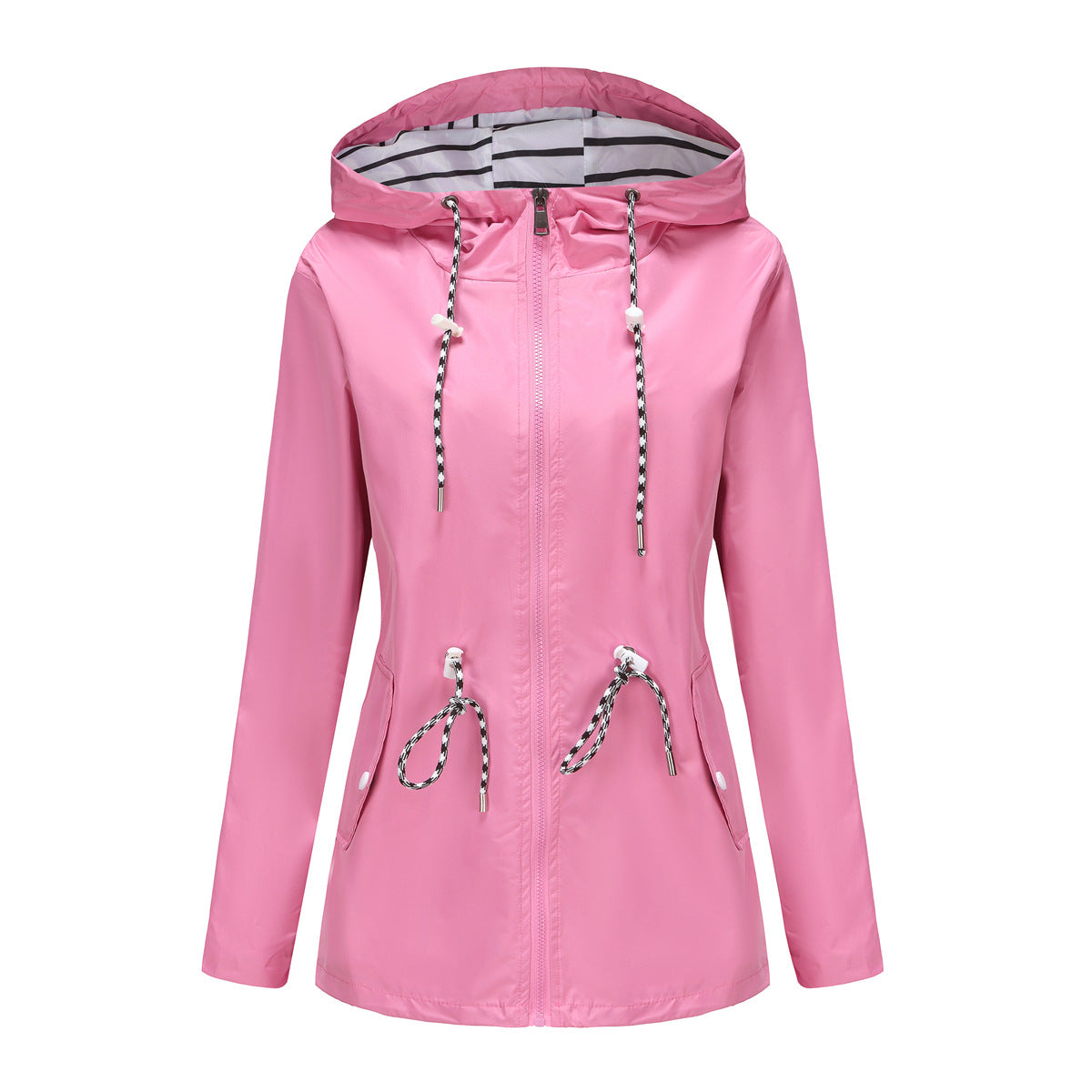 Long Sleeved Waterproof Mid Length Trench Coat Women Hooded Striped Raincoat Women Clothing
