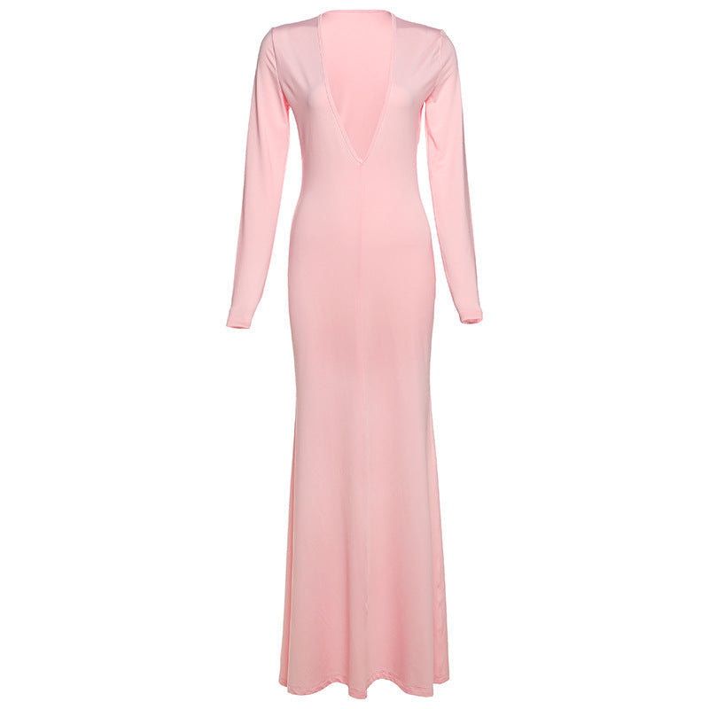 Fall Women Clothing Solid Color Slim Fit Slimming Deep V Plunge neck Sexy Sheath Long Sleeve Dress Women