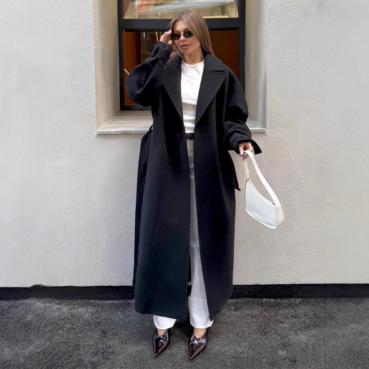Extended Woolen Coat Women Autumn Winter Lace up Baggy Coat Woolen Coat Women