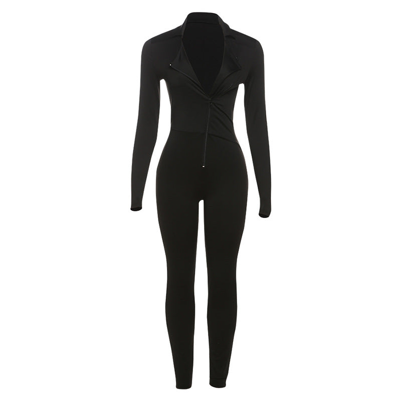 Spring Women Clothing Sexy Tight V neck Long Sleeve Sports Casual Solid Color Jumpsuit