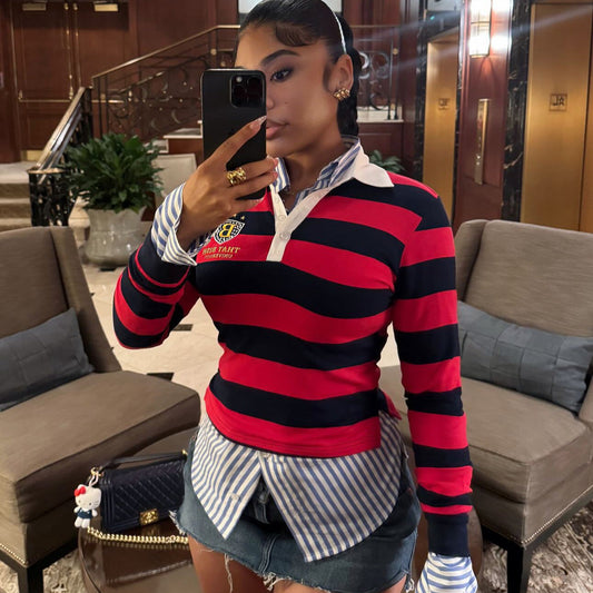 Retro Trend Loose Casual Striped Contrast Color Lapels Polo Shirt Top Sweater Women