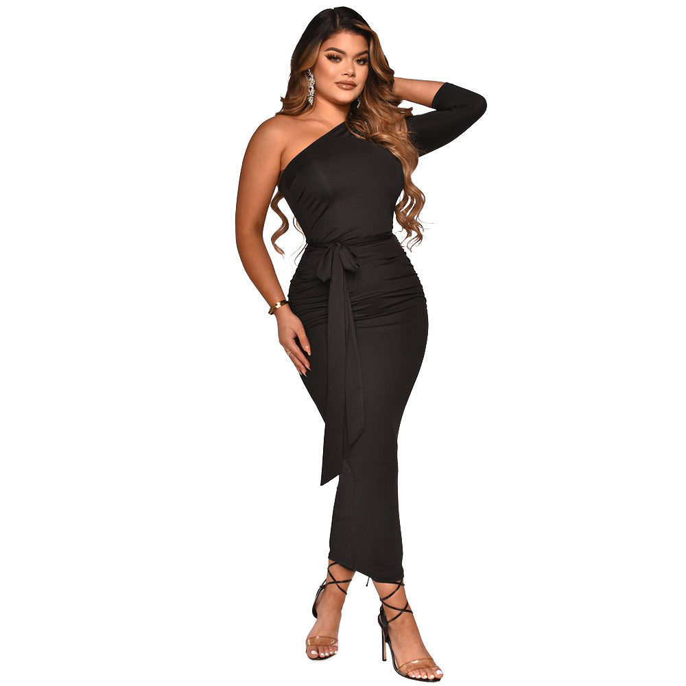 Women Clothing Sexy Tight Irregular Asymmetric Shoulder Half Sleeve Dress