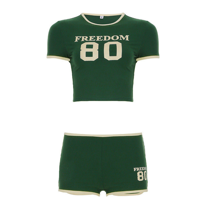 Street Digital Printing Basic round Neck Short Sleeve Top Contrast Color Shorts Sports Casual Two Piece Set
