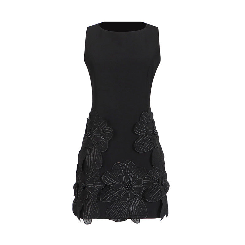 French Sweet Date Short Dress Summer round Neck Sleeveless Waist Design Three Dimensional Floral Dress