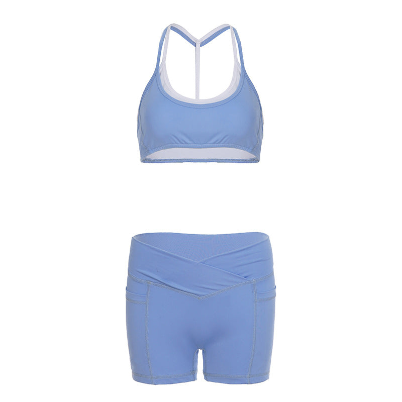 Faux Two Pieces Contrast Color Suspender Shorts Casual Sports Set Yoga Fitness Two Piece Set for Women