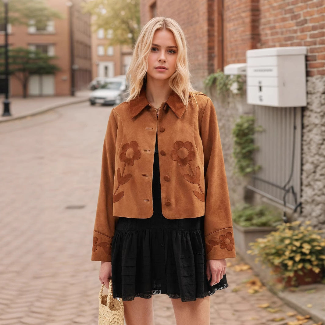 Elegant Retro Suede Floral Exquisite Decoration Embellished Collared Design Fashionable All Match Short Coat