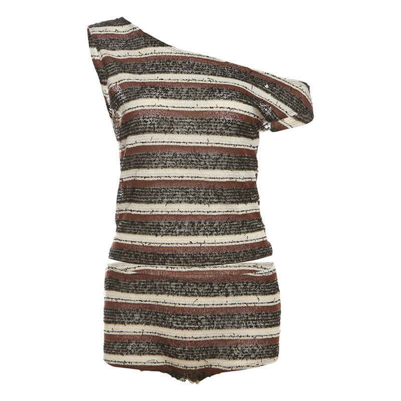 Summer Sexy Shoulder Striped Top Slim Fit Hip Raise Shorts Set Women