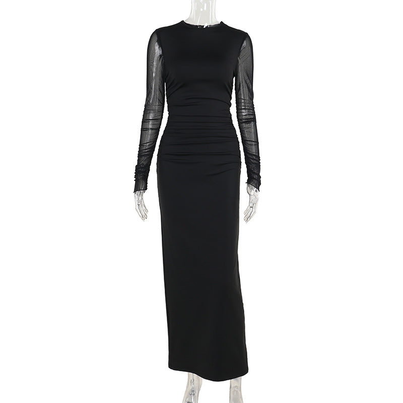 Autumn Long dress Socialite Elegant Slim Fit Mesh Sleeves Solid Color Dress Women
