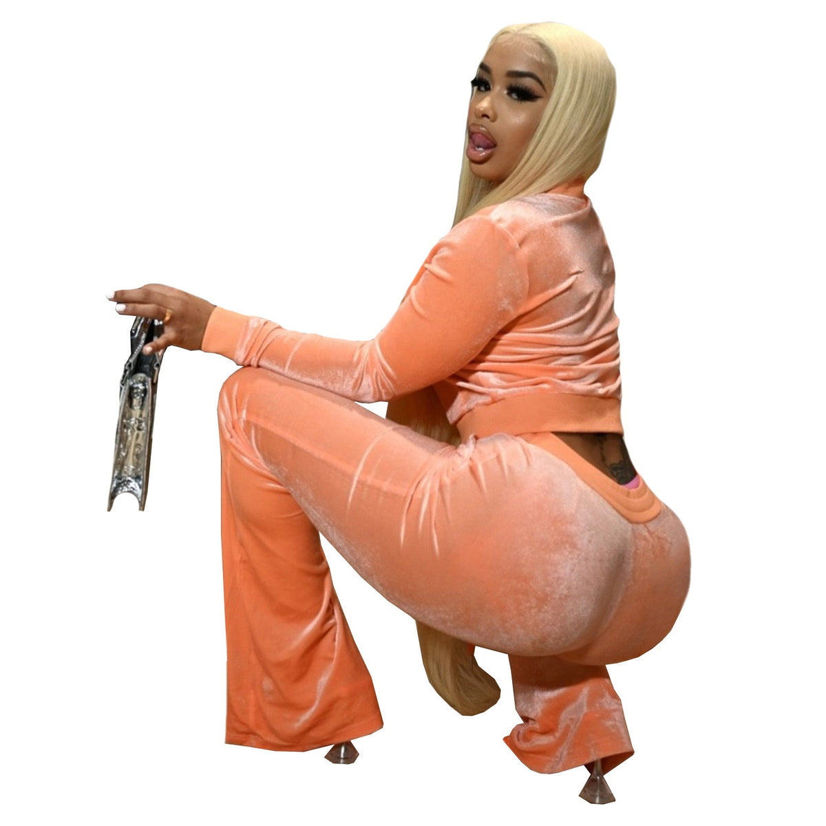 Women Clothing Two-Piece Korean Velvet Solid Color Long Sleeve Sexy cropped Casual Sports Suit