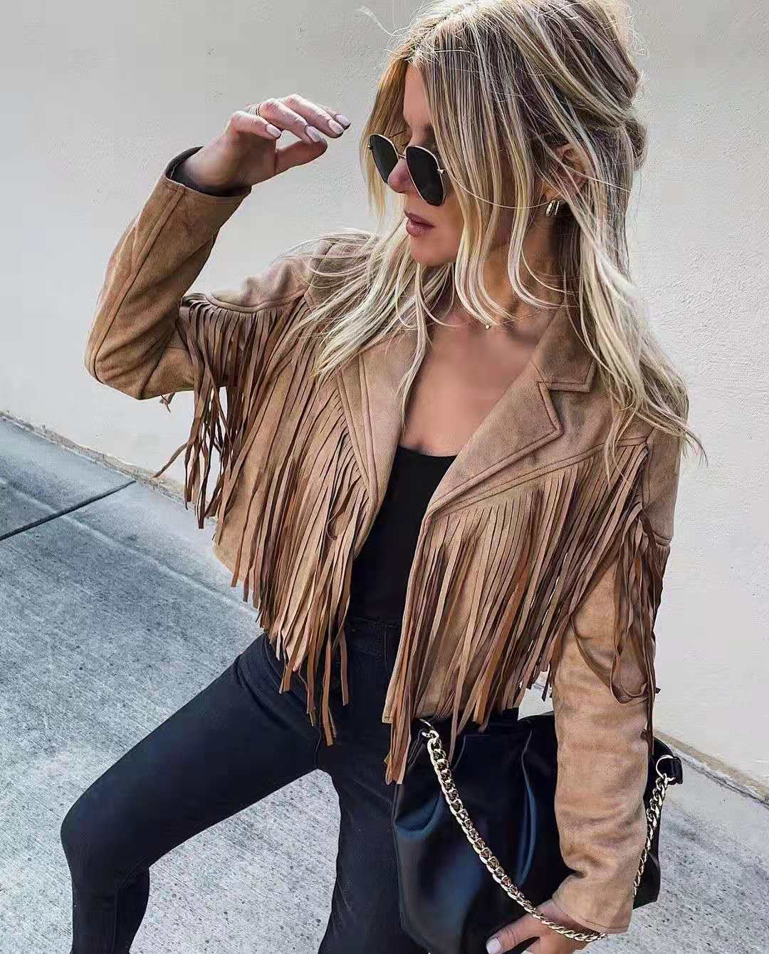 Women Clothing Autumn Slim Top Long Sleeve Printed Tassel Coat Women