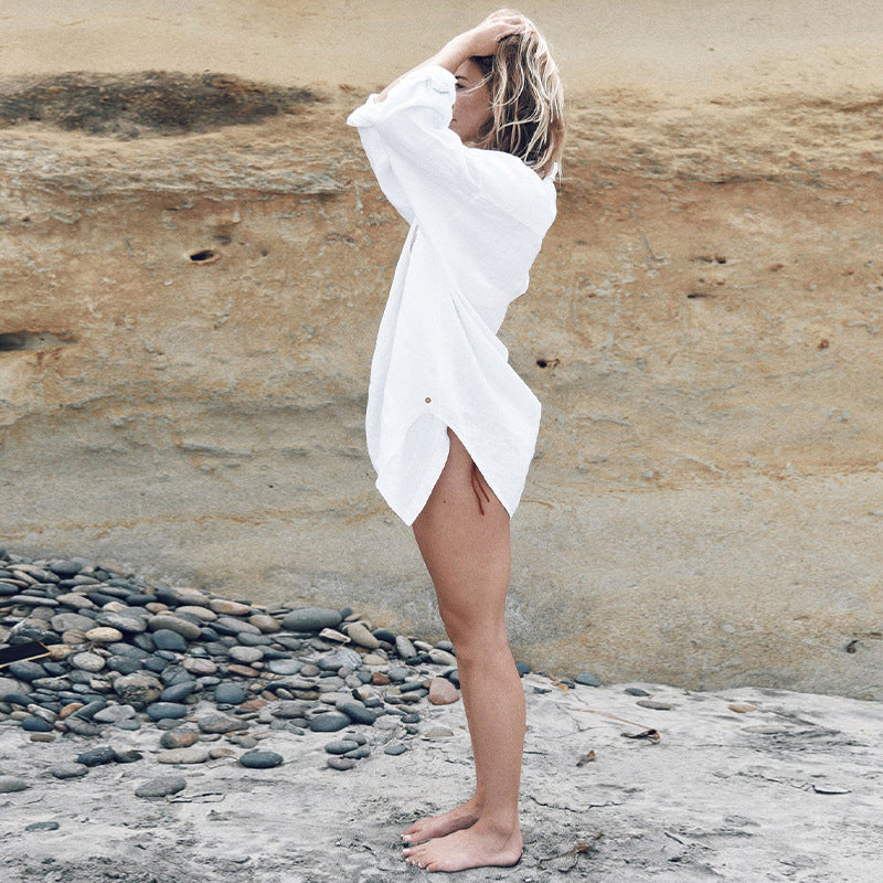 Linen Shirt Loose Vacation Idle Collared Pleated Side Buckle Small Design Cotton Linen Breathable Can Be Sun Protective Blouse