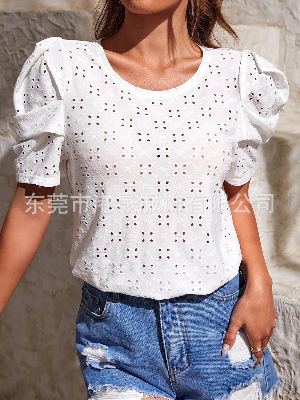 Women Clothes Spring Summer Solid Color T shirt Hollow Out Jacquard round Neck Puff Sleeve Top