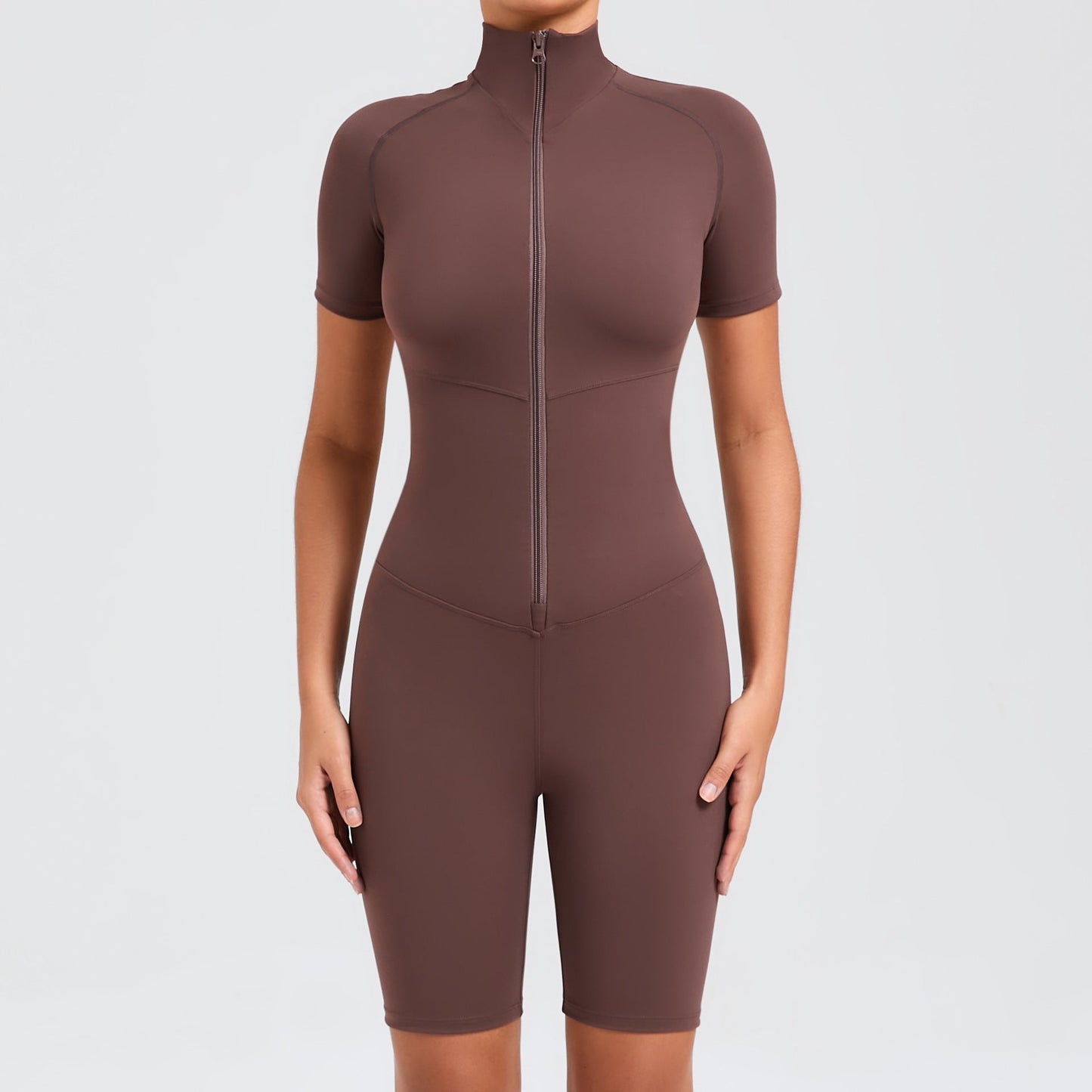 Summer Belly Contracting Design Short Sleeve Zipper Yoga Jumpsuit Women Dance Sports Fitness Jumpsuit