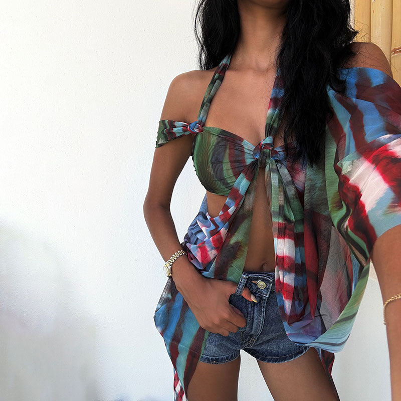 Women Clothing Summer Sexy Backless Print Personalized Halter Irregular Asymmetric Top