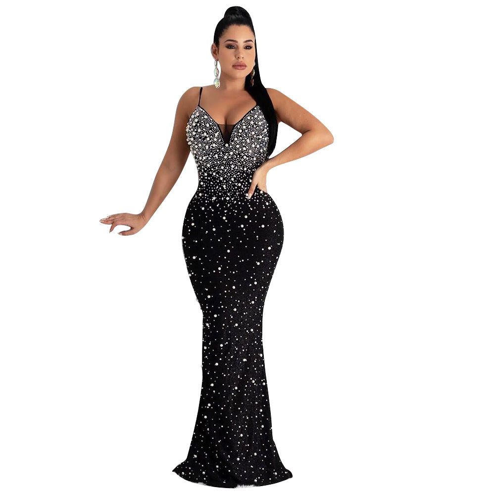 Women Clothing Sexy Nightclub Rhinestone Beaded Sling Dress Women