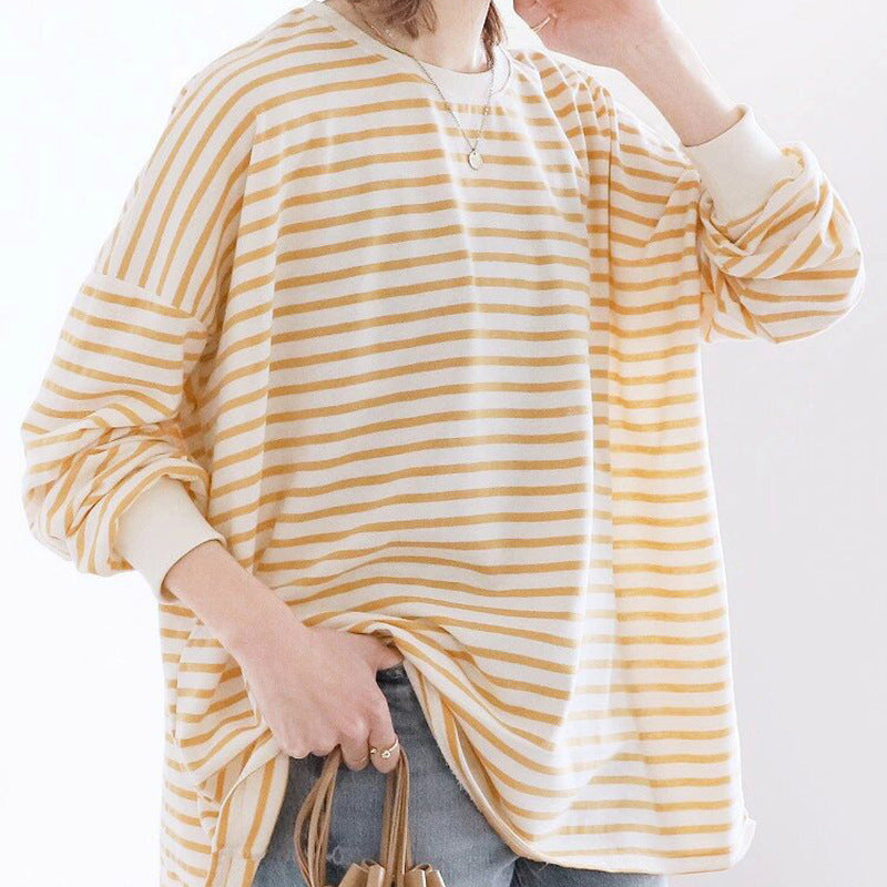 Japanese Autumn Winter Striped Sweatshirt Women Loose Cotton Large Version Bottoming Top Women
