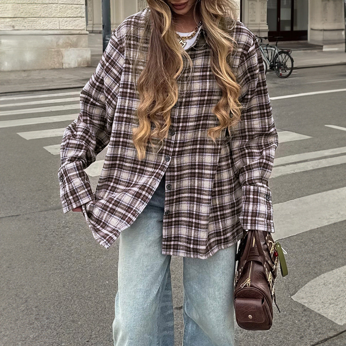 Casual Holiday Button Plaid Overshirt Women Clothing Autumn Winter