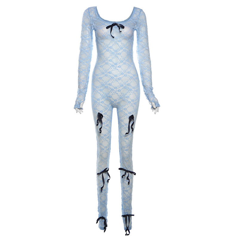 Spring Sexy See through Hollow Out Cutout High Waist Jacquard Tight Long Sleeve Lace Jumpsuit Women
