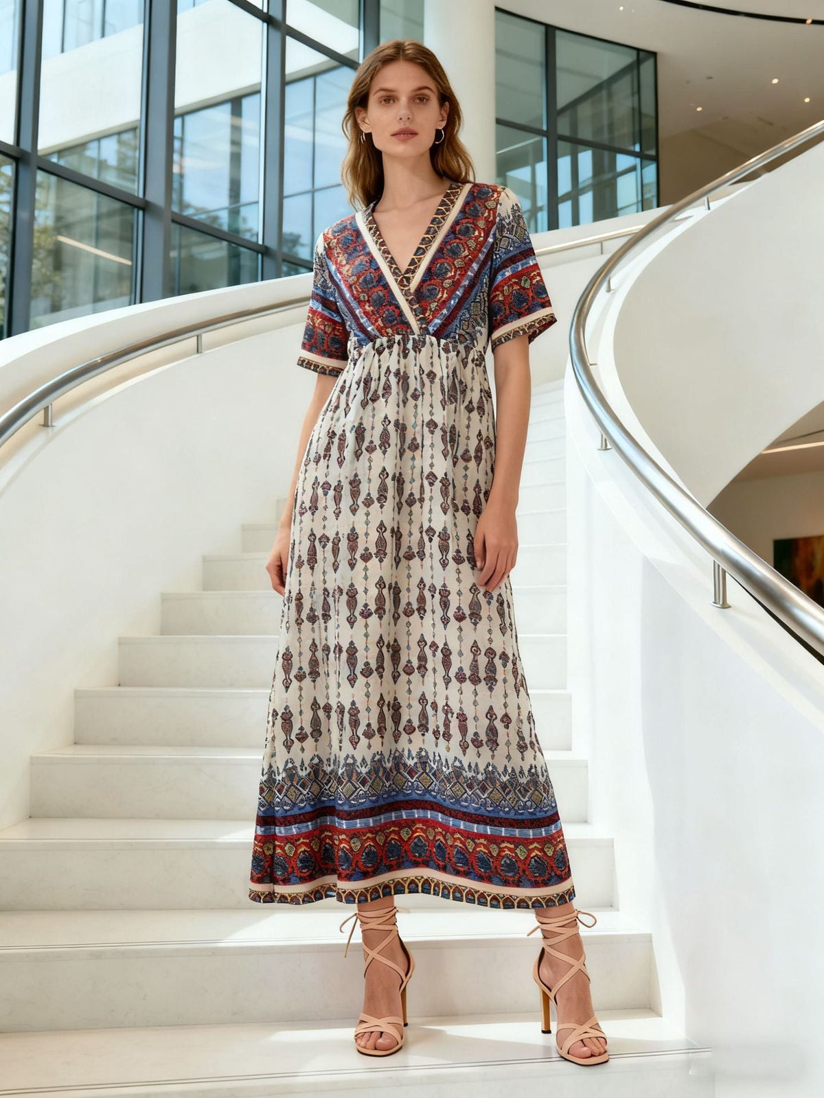 Women's Bohemian Printed Dress Short Sleeve Beach Vacation Maxi Dress Vintage