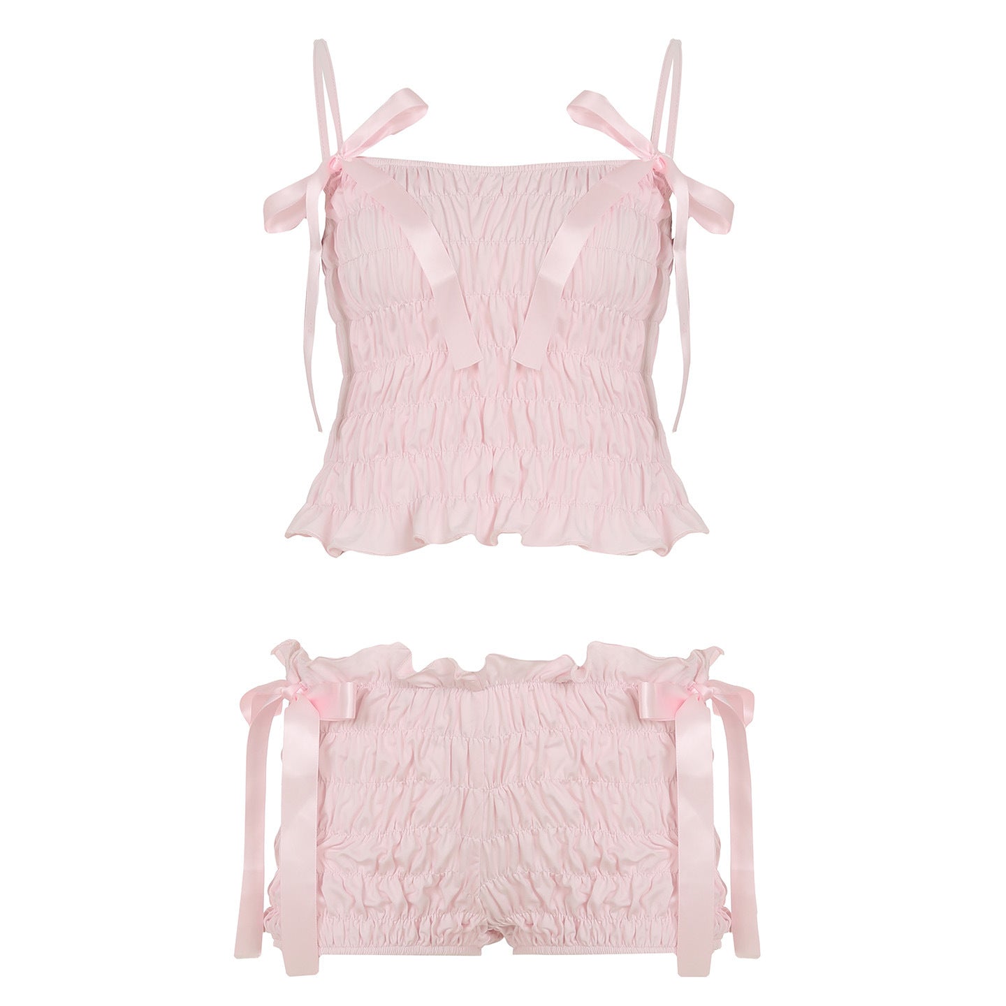 Summer Vacation Sweet Girl Bow Lace Pleated Shorts Set Solid Color Casual Basic Two Piece Set for Women